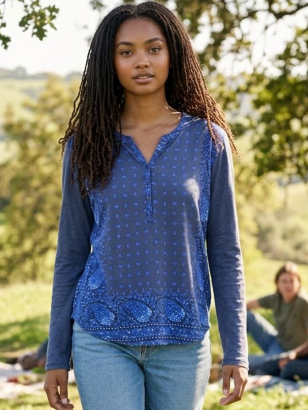 Lucky Brand Navy Paisley Print Henley Top Boho Long Sleeve Sz L